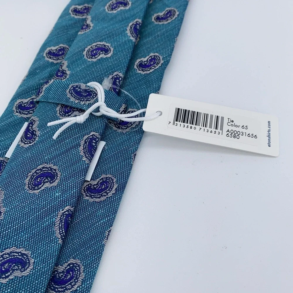 Eton Tie Mens One Size Teal Blue Paisley Silk Linen Necktie Made Italy